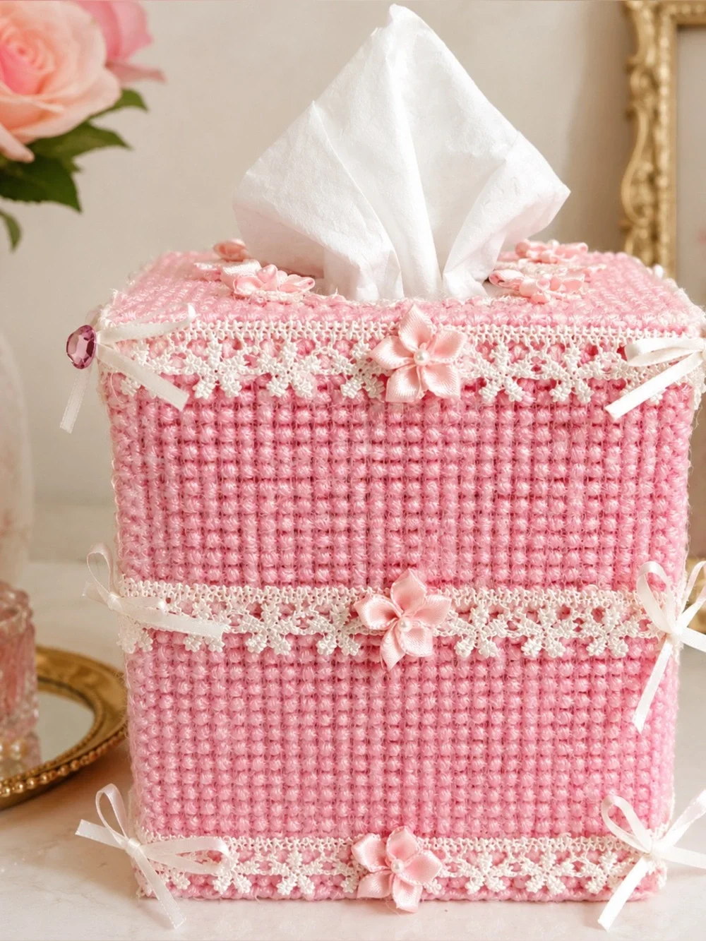 Vintage Pink Plastic Canvas Tissue Box Cover Coquette Lace Bows Handmade